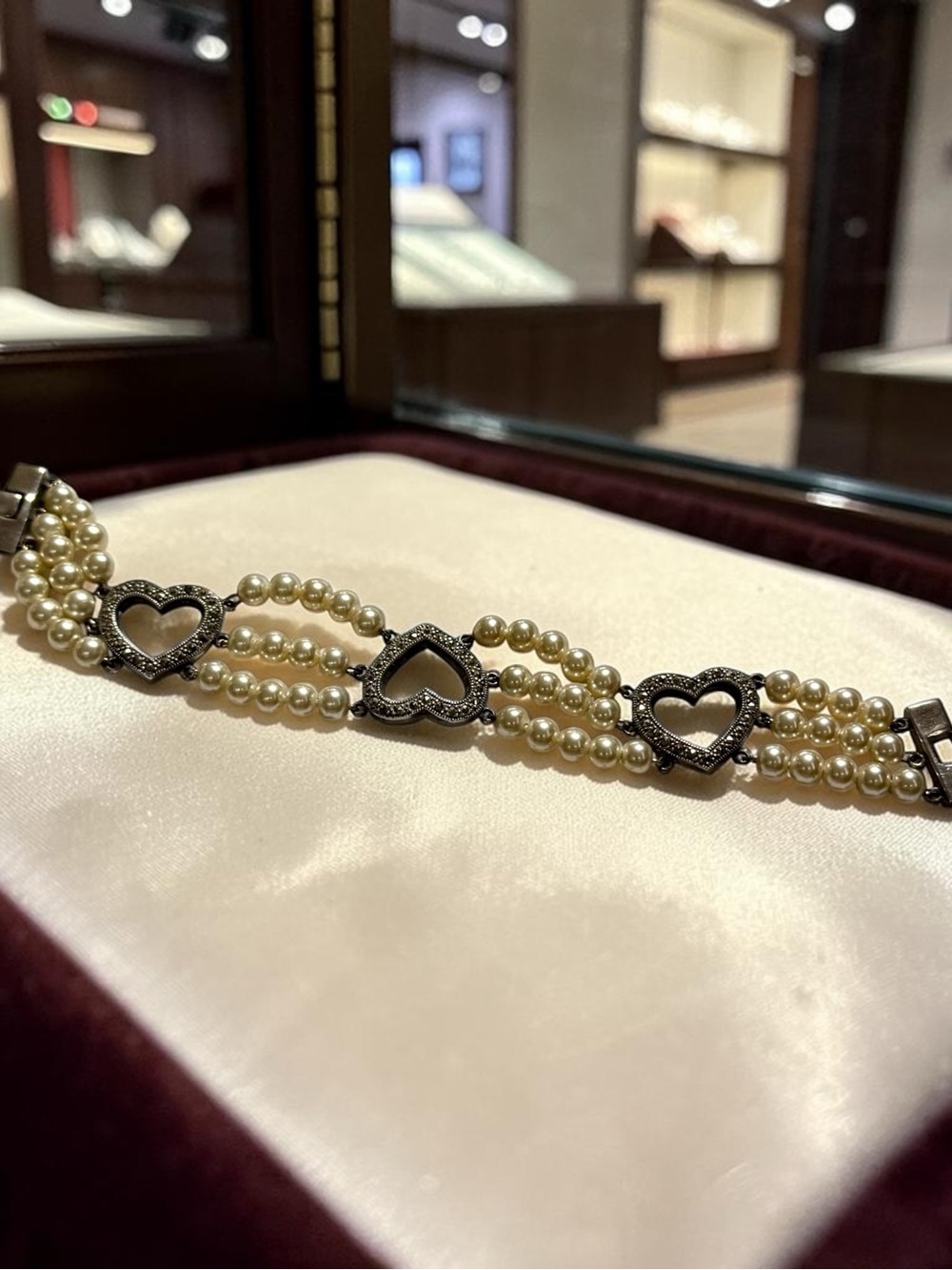Pearl Triple-Row Bracelet with Heart Accents